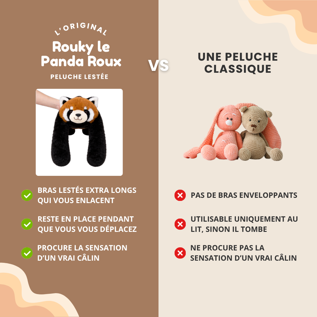 Comparatif entre une peluche lestée panda roux aux bras lourds et une peluche classique