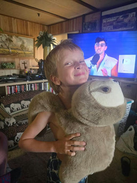 Peluche lestée paresseux utilisée pour réduire le stress chez un enfant garçon