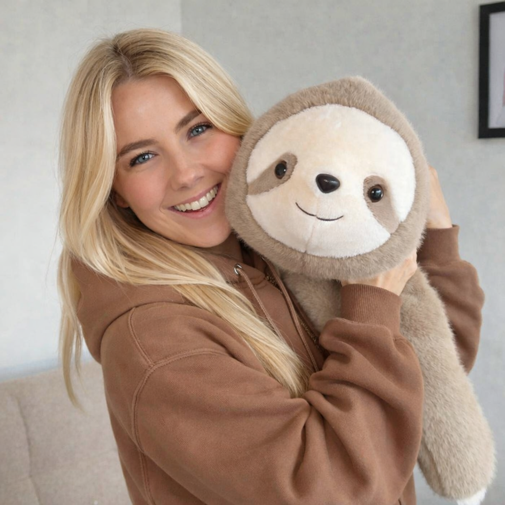 Femme tenant une peluche lestée paresseux pour un effet câlin apaisant et réconfortant