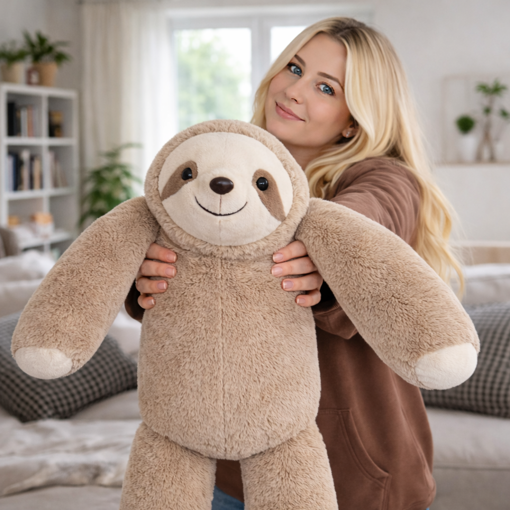 Femme avec une peluche lestée paresseux procurant une présence douce et un sentiment de calme
